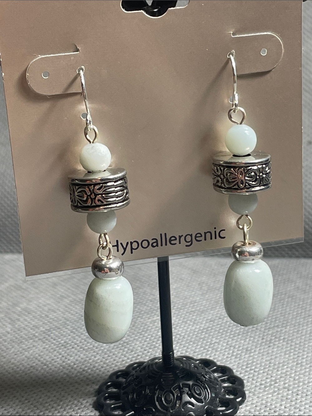 Hypoallergenic Light Gray Glass Bead Drop Earrings with silver detailed beads